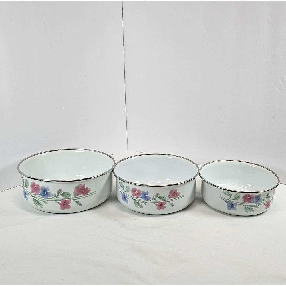 Vintage Floral Enamel Bowls Set‎ 3 Metal Rim Nesting Kitchen Farmhouse Decor